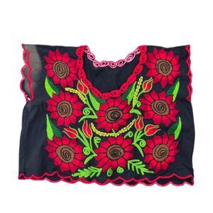 Vintage Ethnic Floral Embroidered Cotton Peasant Blouse Black